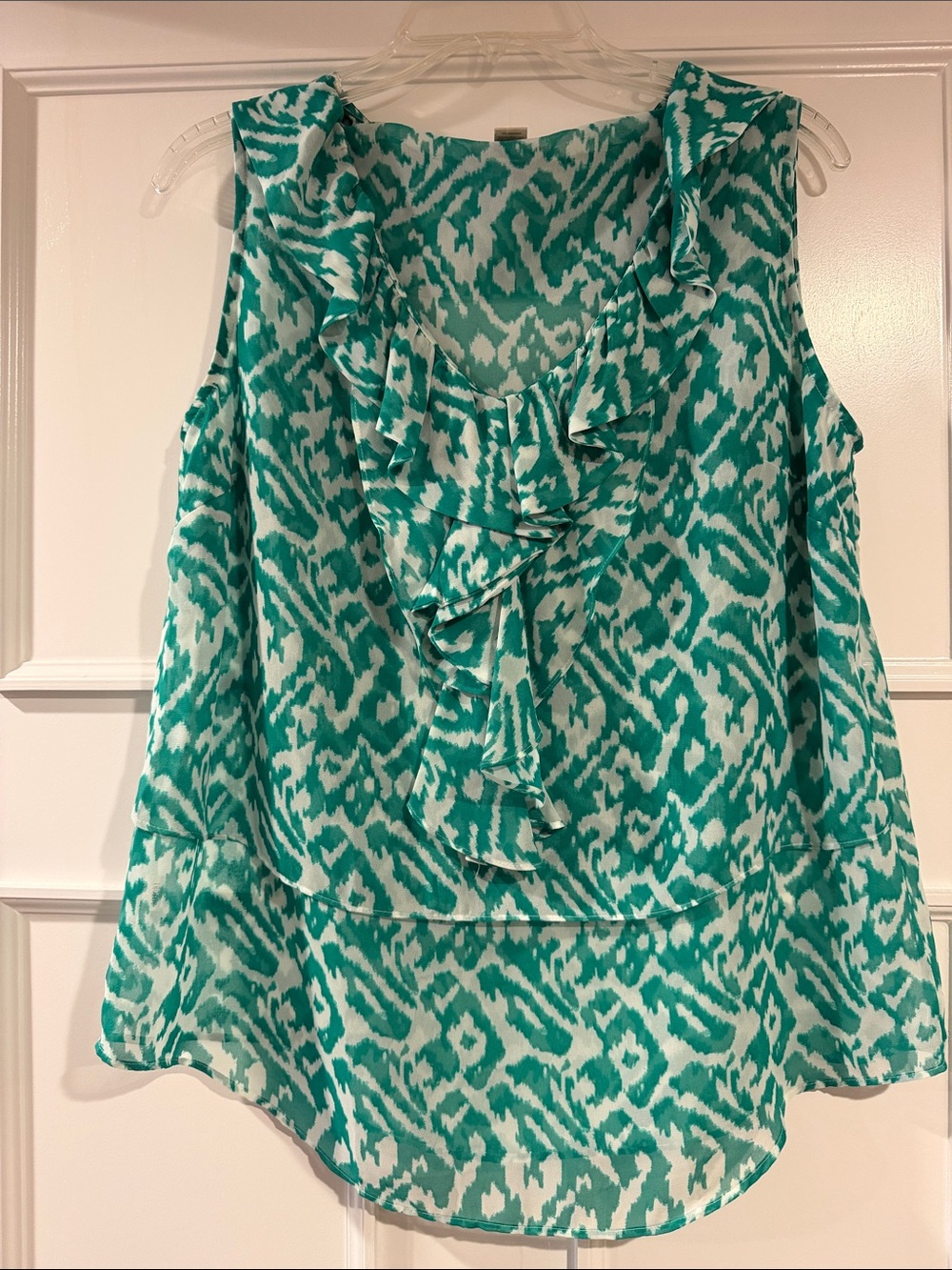 LOFT Green & White Ruffle Front Sleeveless Blouse Dressy Tank Top Size Large
